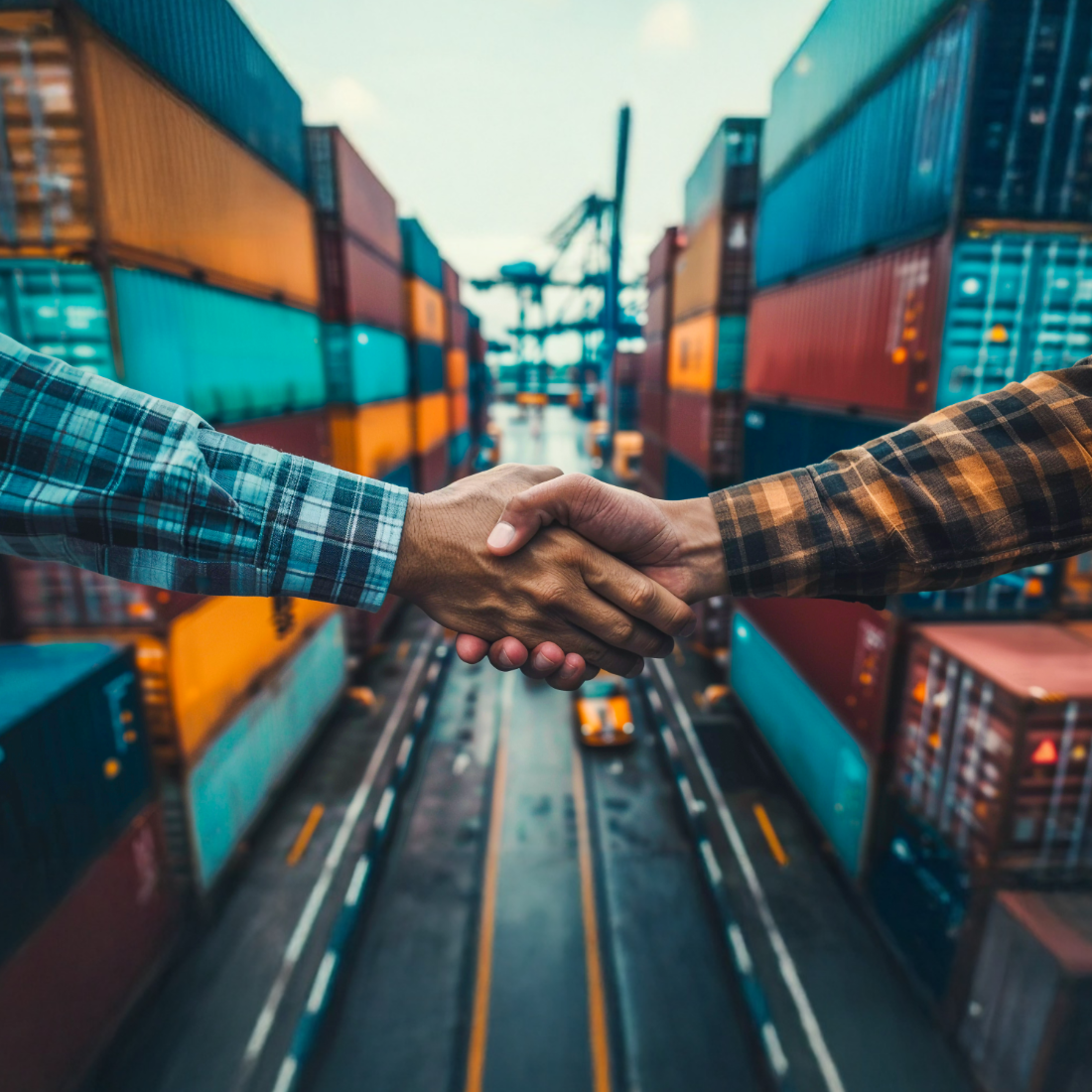Two people shaking hands in front of colorful shipping containers at a freight yard, symbolizing partnership and collaboration in logistics and freight forwarding.